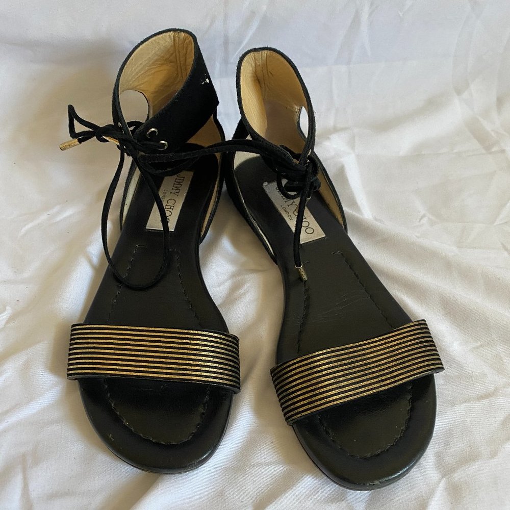 Jimmy Choo Black/Gold Suede Ankle Tie Sandal 35
